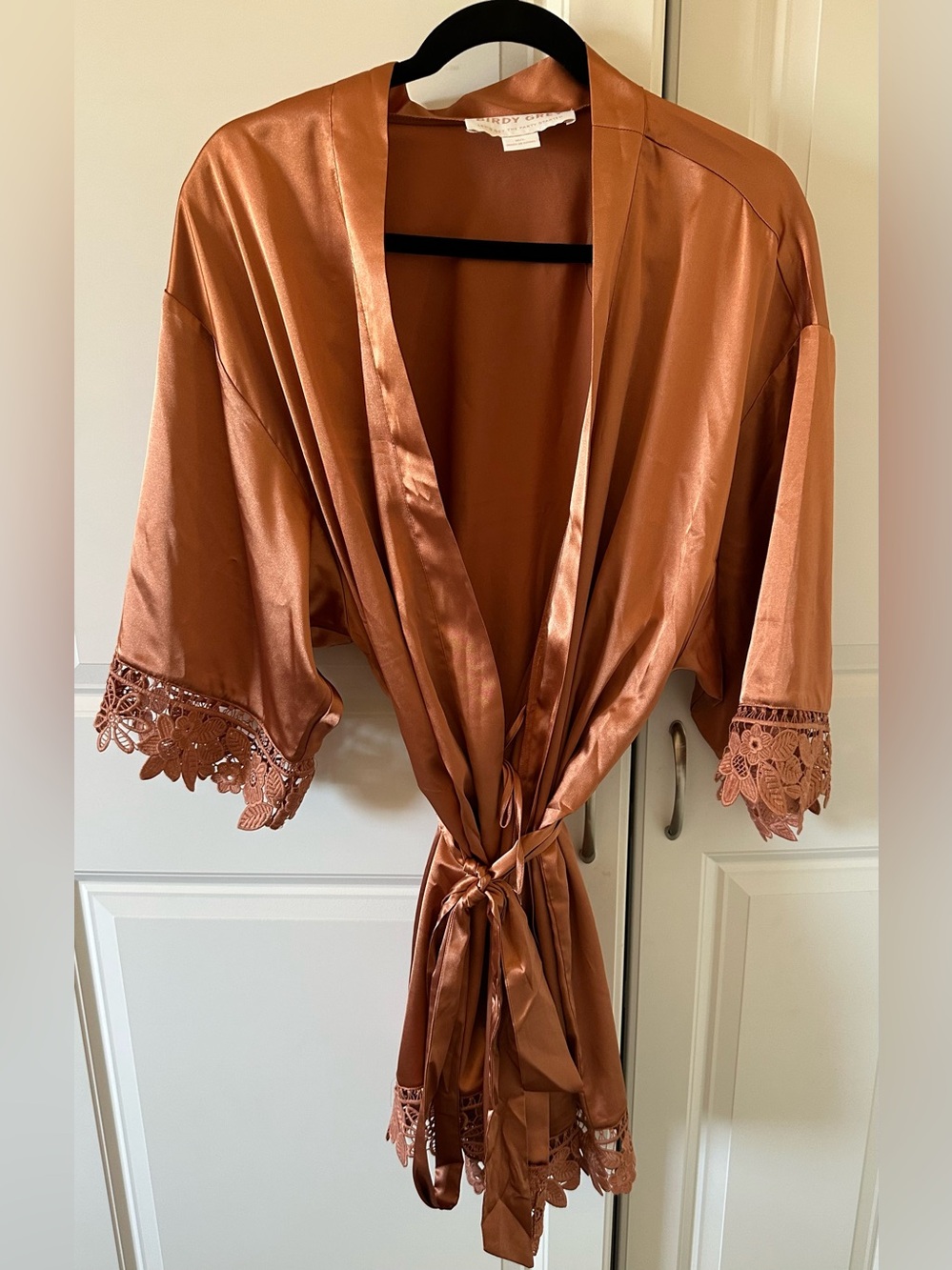 Birdie Gray Satin Lace-Trim Robe - Size Medium/Large